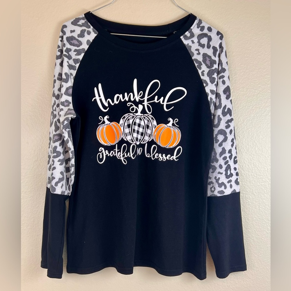 Fall Thankful Grateful Blessed Women’s Long Sleeve Shirt Large Pumpkin Black